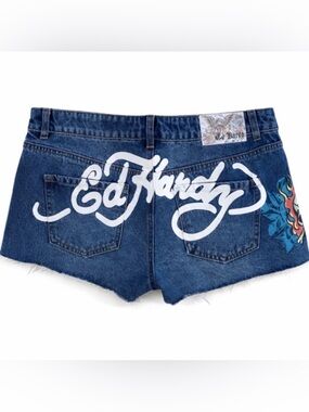 Ed Hardy Flame Skull Denim Shorts With Raw Hem Size Large  Like New!
